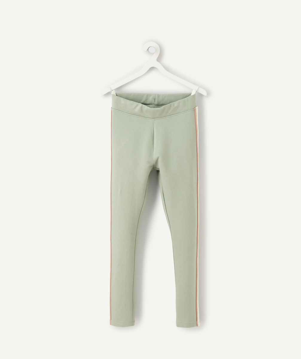 Green girl's leggings with coloured stripes on the side