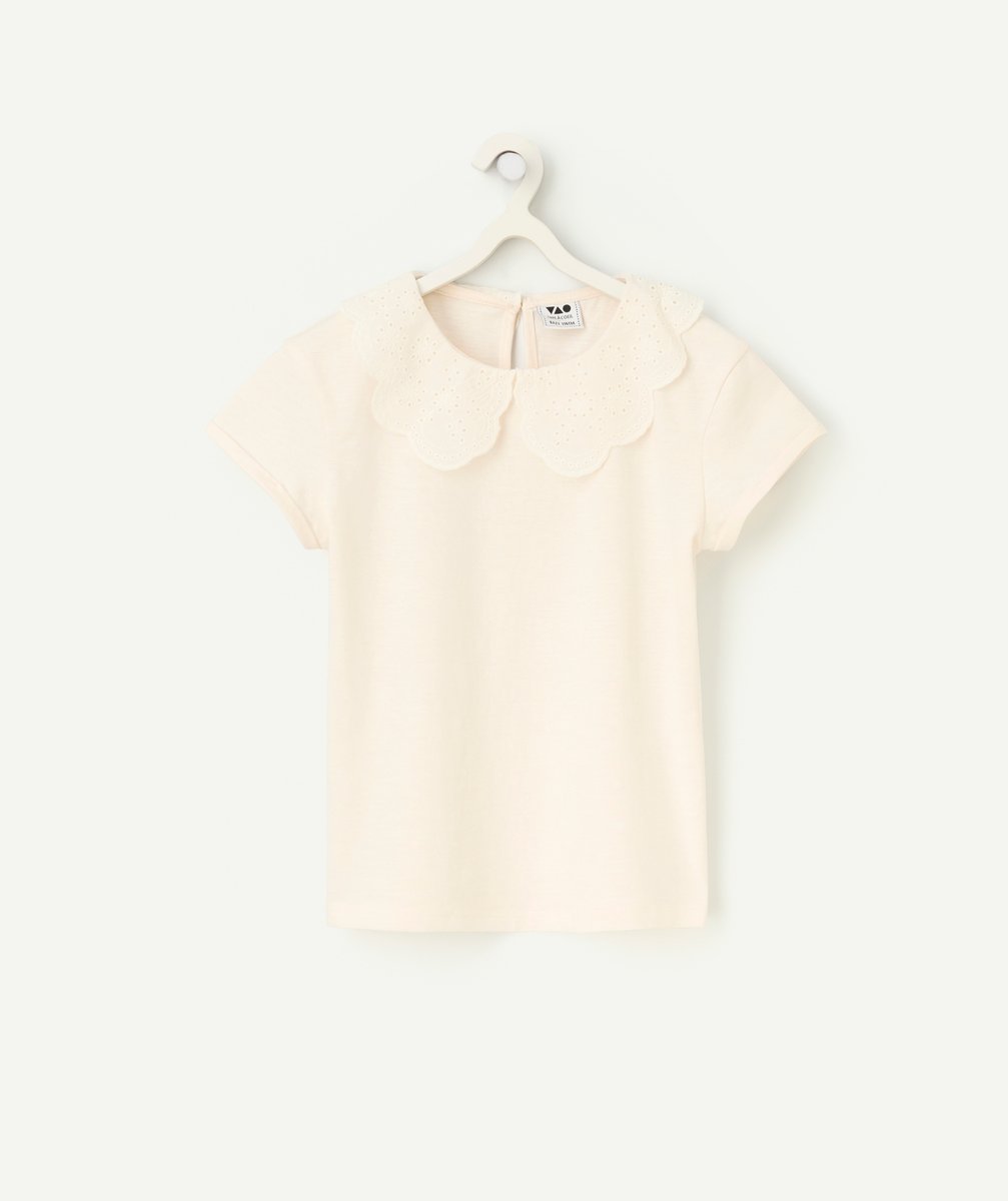 Girl's t-shirt in white organic cotton with embroidered claudine collar