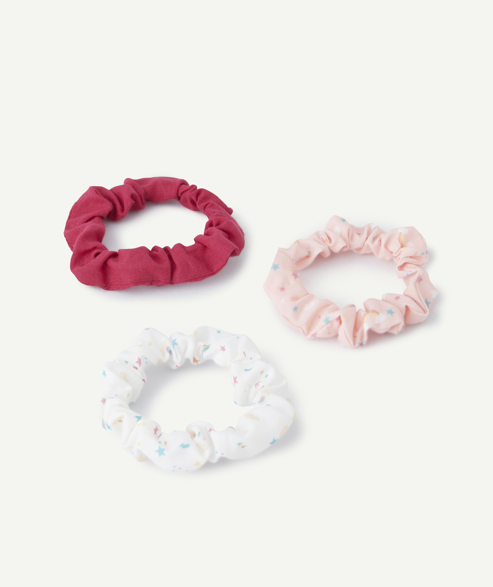 Set of 3 pink and white baby girl scrunchies with colorful print