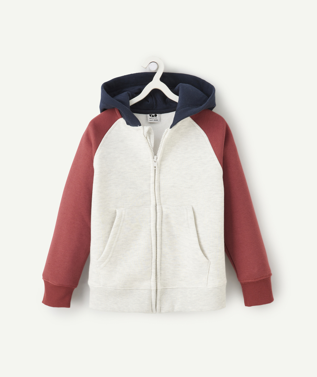 Boy's hooded vest in ecru recycled fibers, red and blue