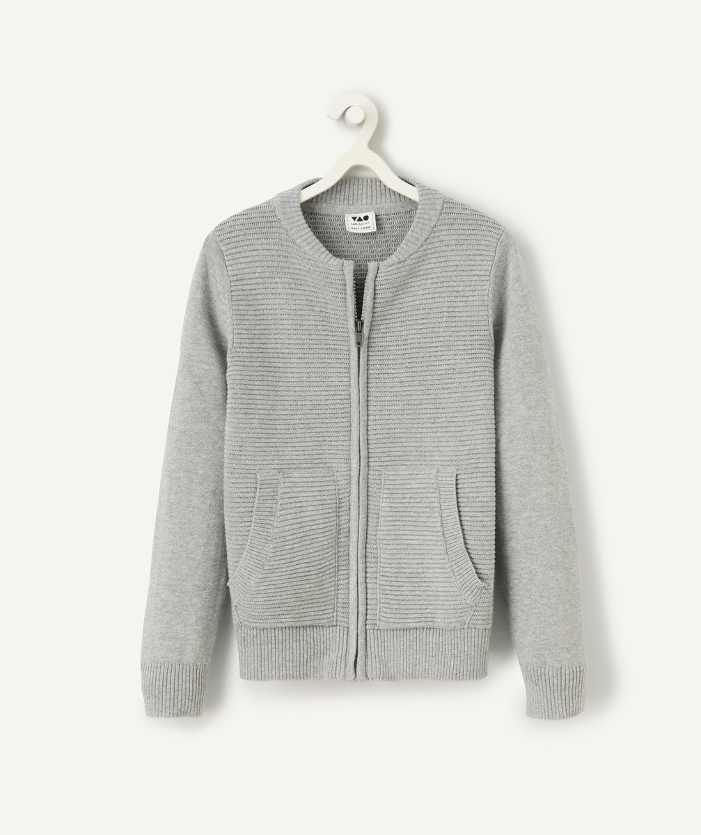Boy's zipped cardigan in ribbed grey organic cotton
