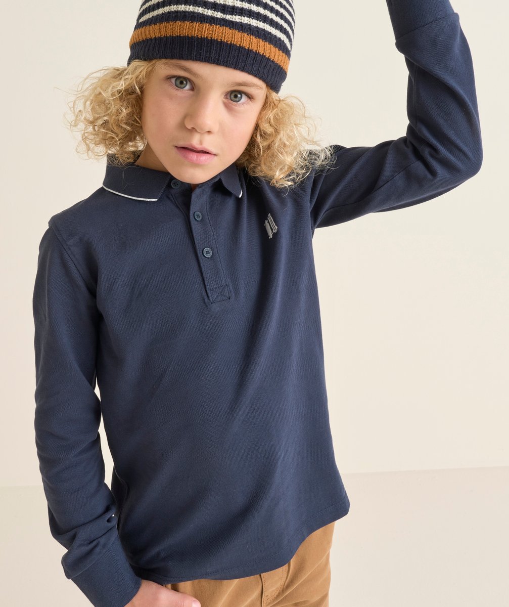 Navy blue boy's long-sleeved polo shirt with embroidered skateboards