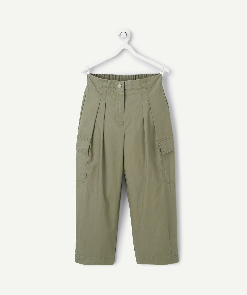 Khaki girl's parachute pants with cargo pockets