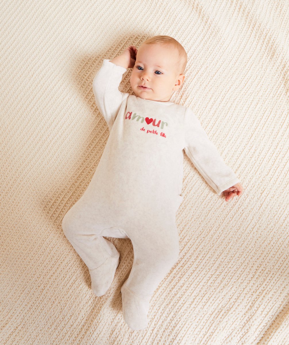 Ecru velvet baby girl pyjamas with message