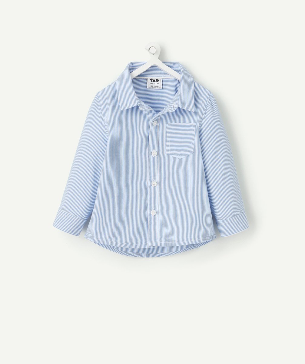 Long-sleeved baby boy shirt in blue and white striped organic cotton