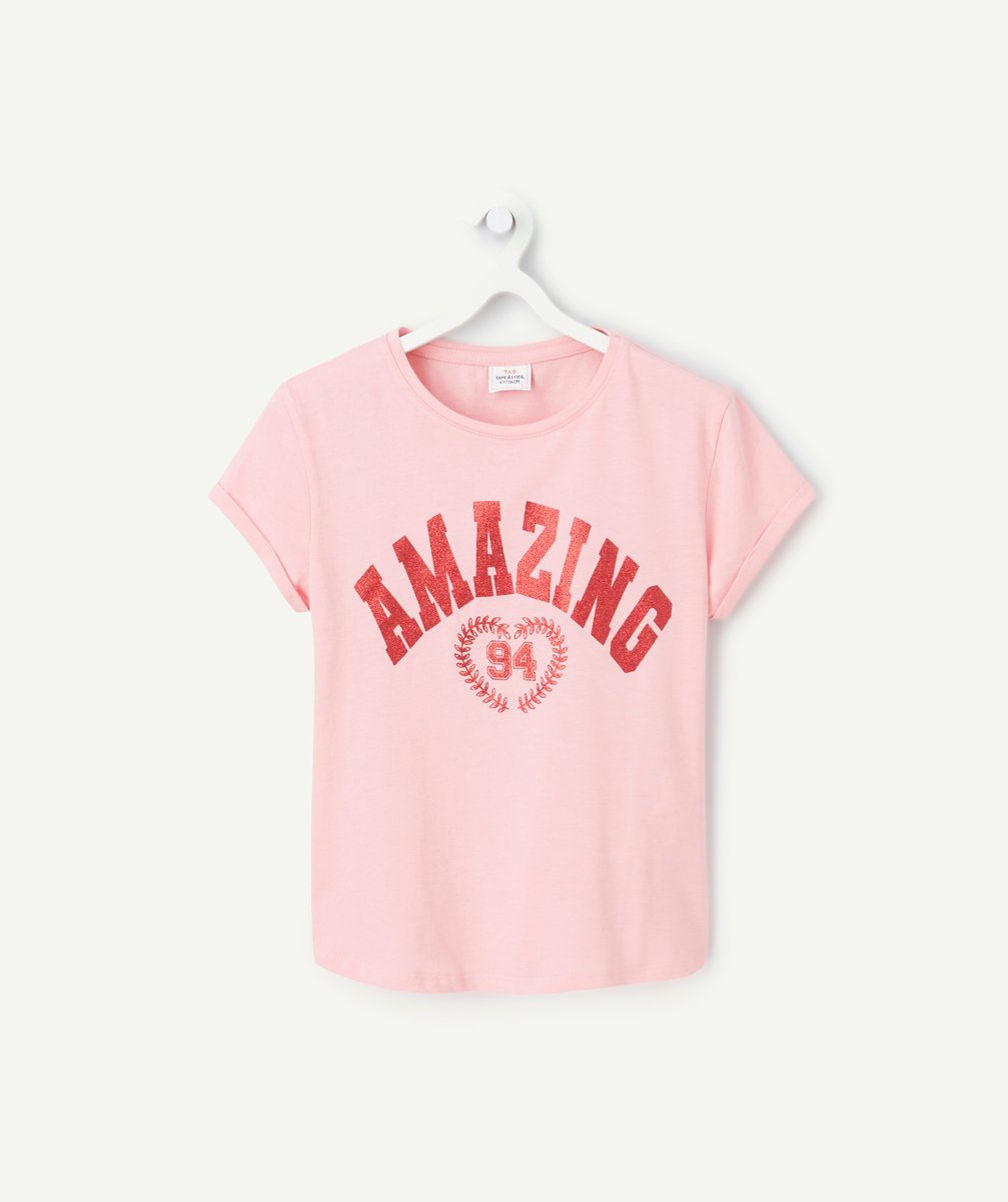 Girl's pink organic cotton short-sleeved t-shirt with red amazing message