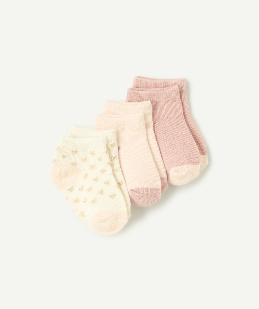 Set of 3 pairs of pink and ecru baby girl socks with gold details