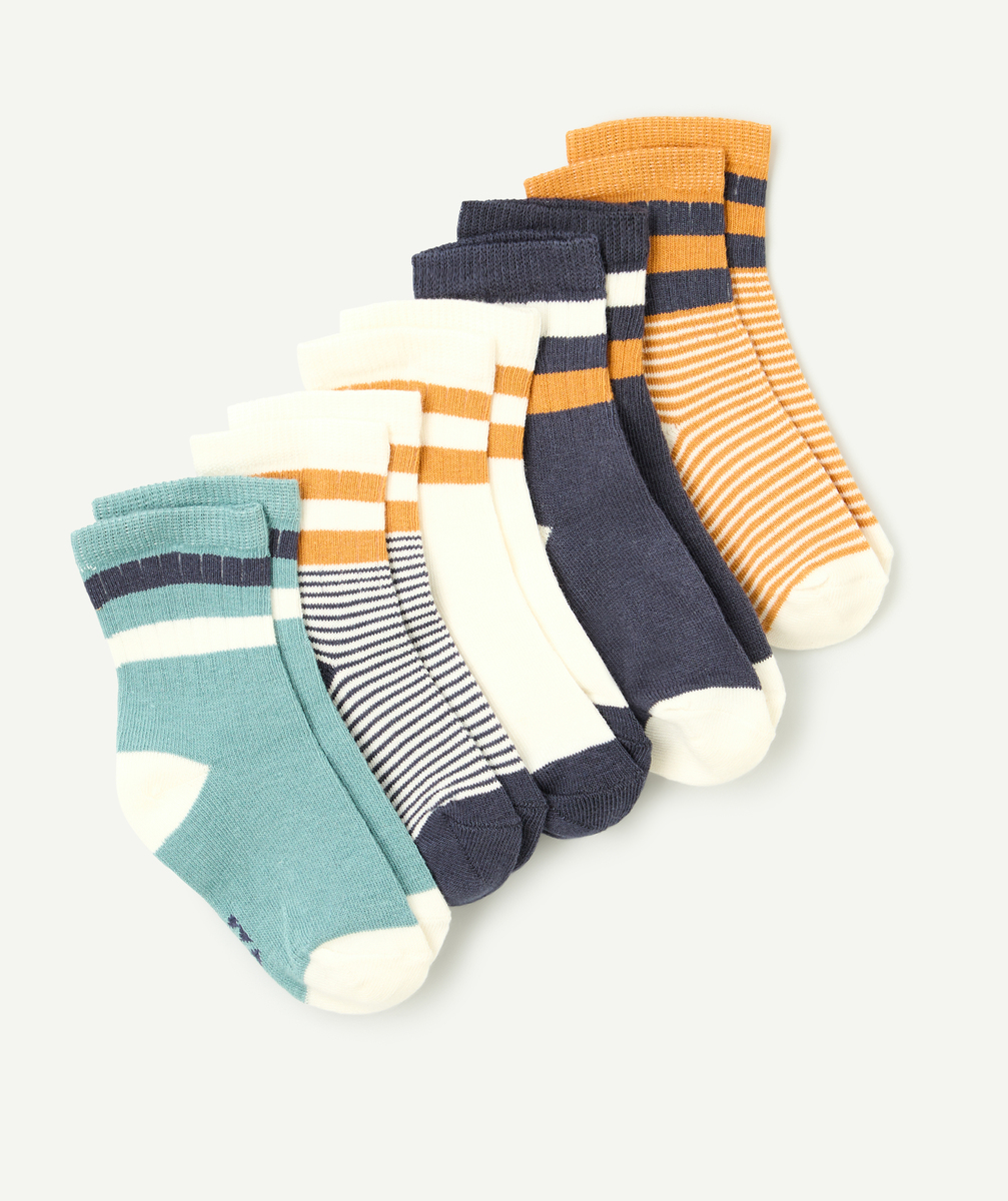 Pack of 5 navy blue, brown and white striped boys' high socks