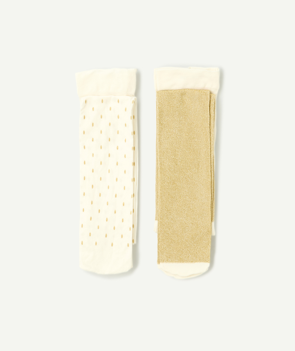 Set of 2 pairs of white and gold tights for girls with glitter details