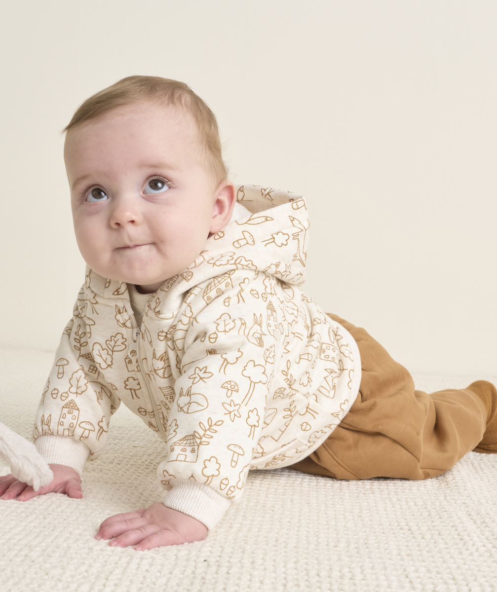 Zipped baby boy cardigan in forest-printed ecru recycled fibers