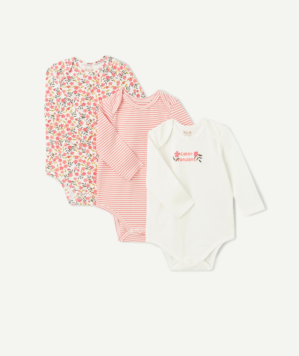 Set of 3 long-sleeved girl's bodysuits in organic cotton