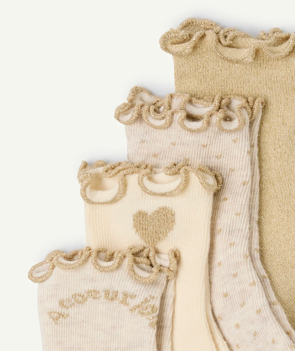 set of 4 pairs of beige and ecru baby girl socks with gold festoons