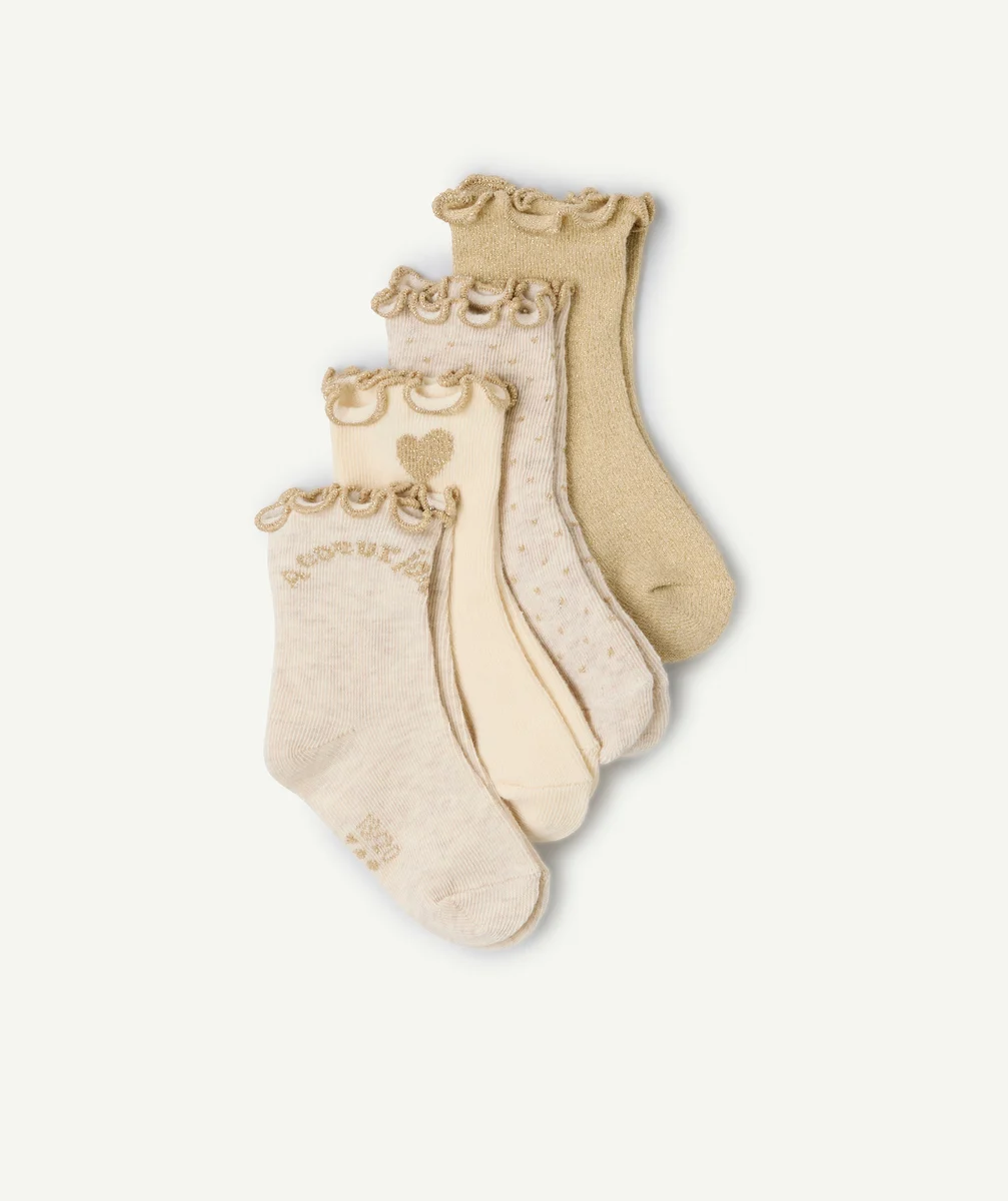 set of 4 pairs of beige and ecru baby girl socks with gold festoons