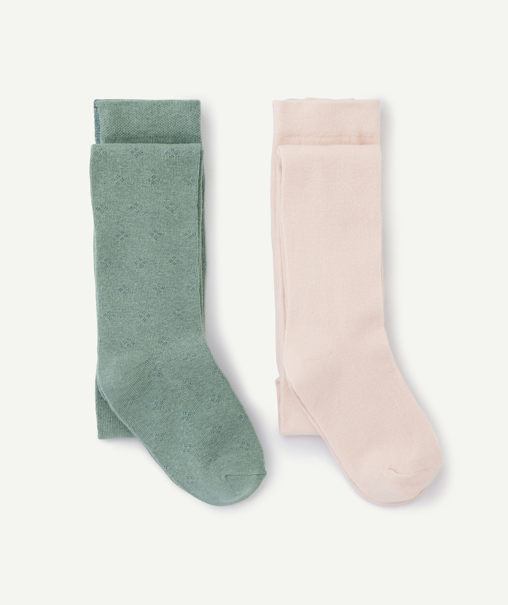 Set of 2 green and pink organic cotton tights for girls