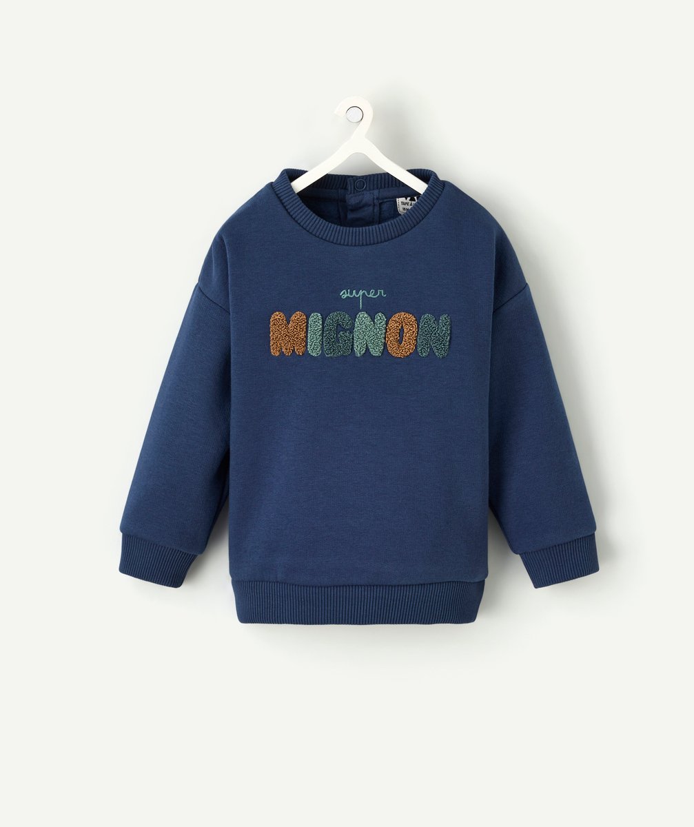 Baby boy blue sweatshirt with "super cute" writing