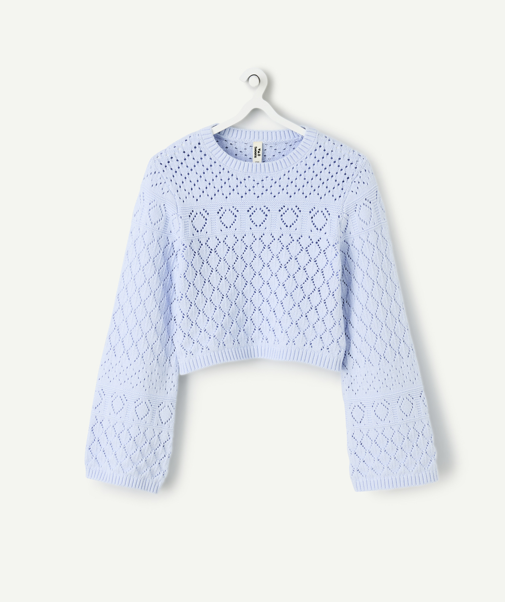 Girl's blue openwork sweater with flared sleeves