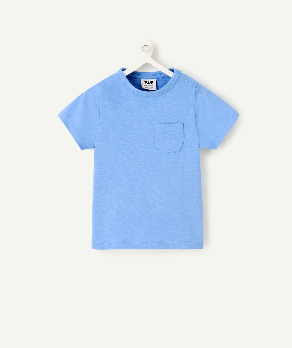 Short-sleeved blue t-shirt with heart pocket for baby boy