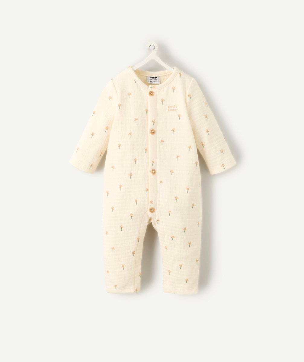 Long ecru jumpsuit in cotton gauze with palm trees for baby boy