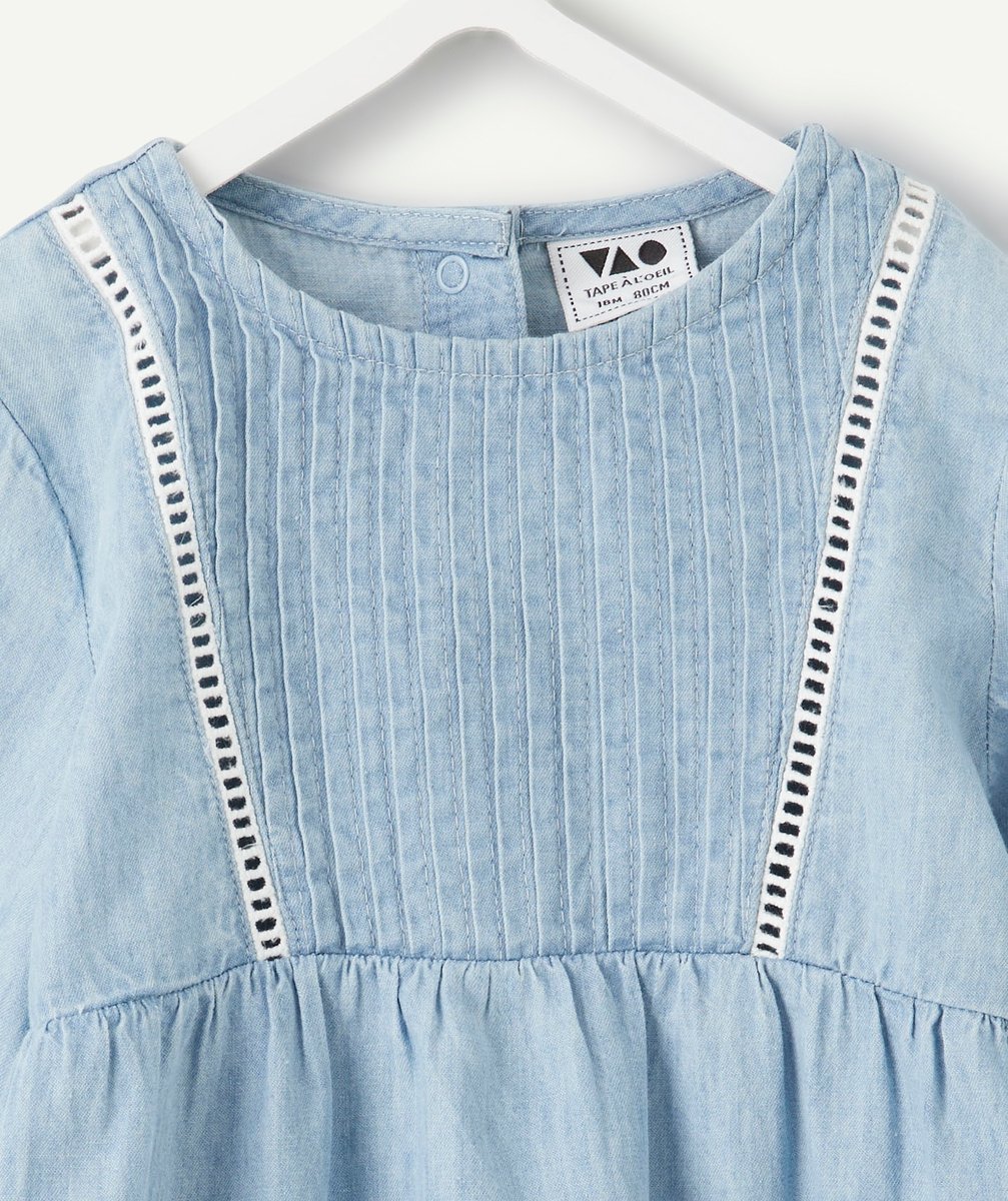 Long-sleeved baby girl dress in blue denim with embroidery