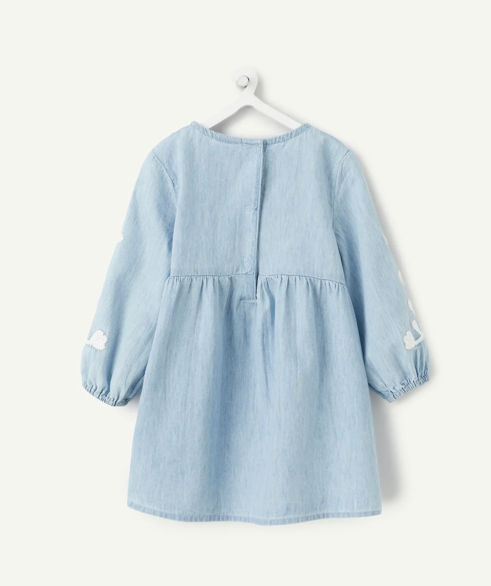 Long-sleeved baby girl dress in blue denim with embroidery