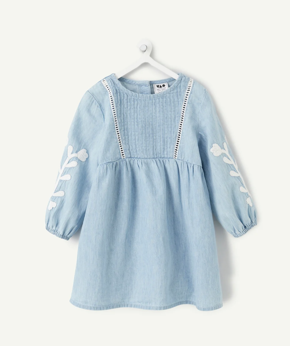 Long-sleeved baby girl dress in blue denim with embroidery