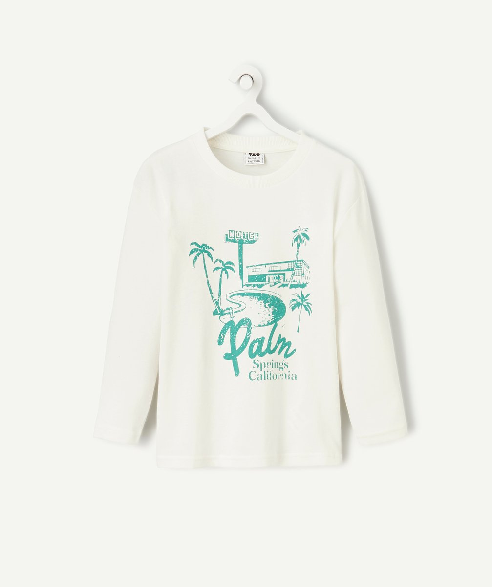 Long-sleeved white t-shirt for boys with green "palm springs" lettering