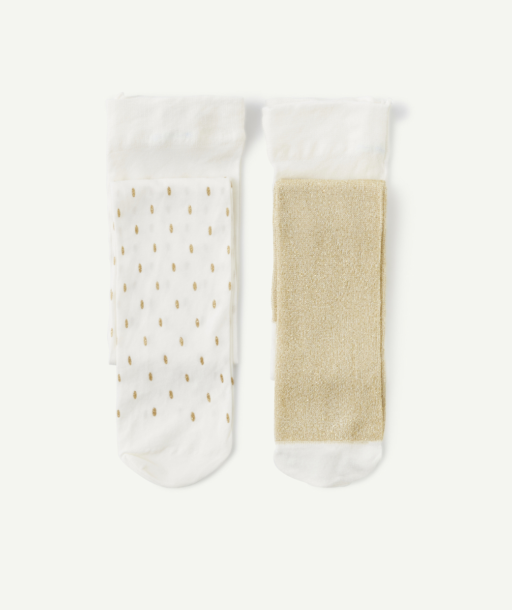 Set of 2 pairs of white and gold baby girl tights with glitter details